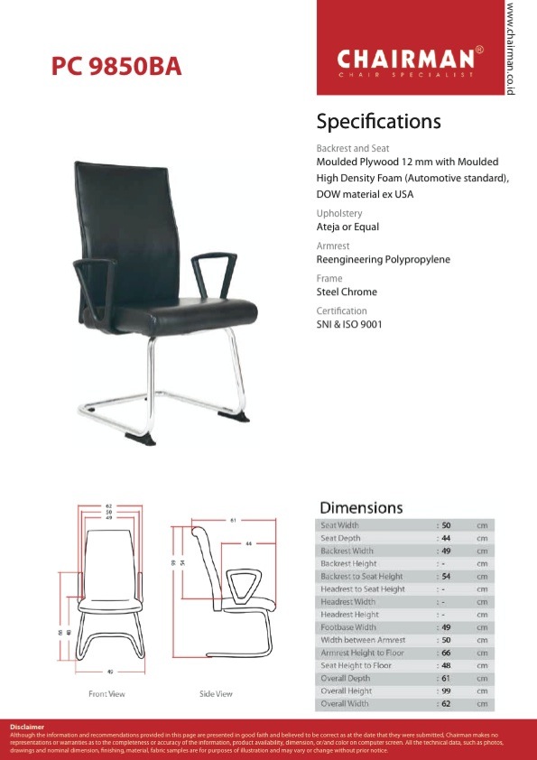 Kursi Kantor Chairman PC 9850 BA Chairman - Premier Series (Perfecto) Kursi Kantor Hadap / Rapat Ukuran : 50 x 50 x 101 cm Design : Cantilever Chrome Bahan : Oscar / Fabric