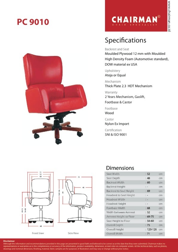Kursi Kantor Chairman PC 9010 Chairman - Premier Series (Sky Dream) Kursi Kantor Direktur Ukuran : 54 x 50 x 120-127 cm Design : Hydrolic, HDT, Wooden Footbase Bahan : Oscar / Fabric
