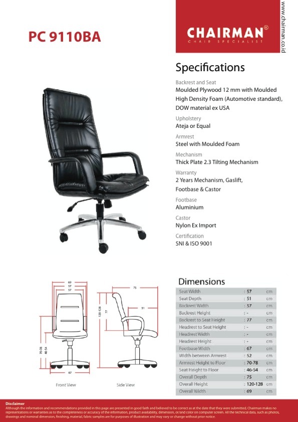 Kursi Kantor Chairman PC 9110 BA Chairman - Premier Series (Sky Dream) Kursi Kantor Direktur Ukuran : 53 x 51 x 120-129 cm Design : Hydrolic, Alumunium Footbase Bahan : Oscar / Fabric