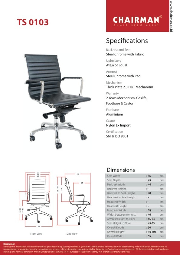 Kursi Kantor Chairman TS 0103 Chairman - Top Star Series (Spartacus) Kursi Kantor Manager Ukuran : 46 x 45 x 95 - 101 cm Design : Hydrolic, HDT, Alumunium Footbase Bahan : Black