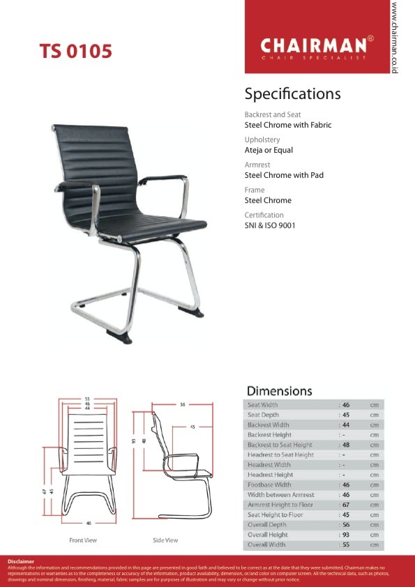 Kursi Kantor Chairman TS 0105 Chairman - Top Star Series (Spartacus) Kursi Kantor Hadap / Rapat Ukuran : 46 x 45 x 94 cm Design : Cantilever Chrome Bahan : Black