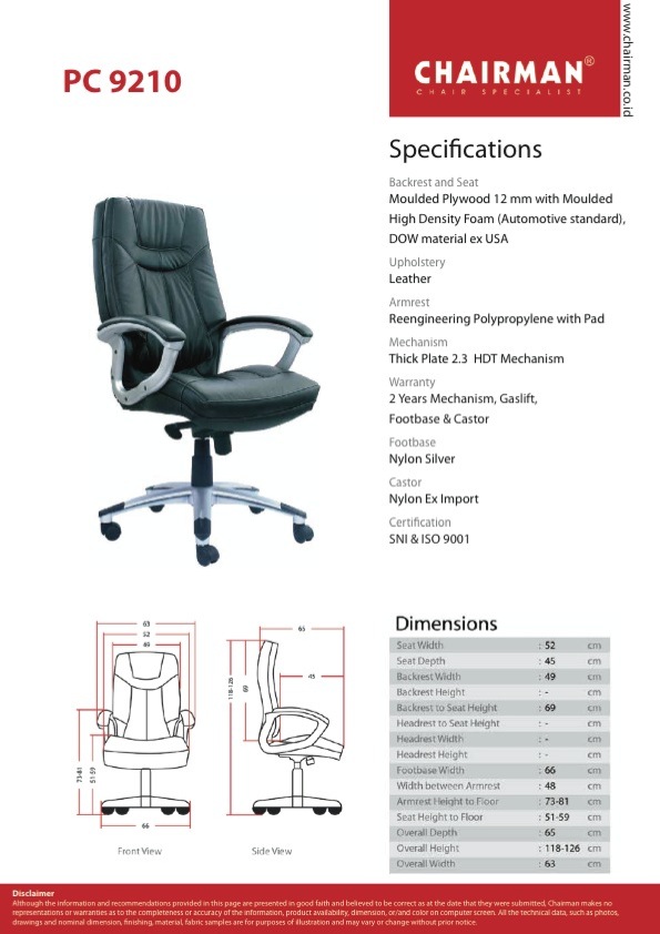 Kursi Kantor Chairman PC 9210 Chairman - Premier Series (Supreme) Kursi Kantor Direktur Ukuran : 52 x 50 x 116-123 cm Design : Hydrolic, HDT, Leather, Millenium Color, Armrest Bahan : Black Leather