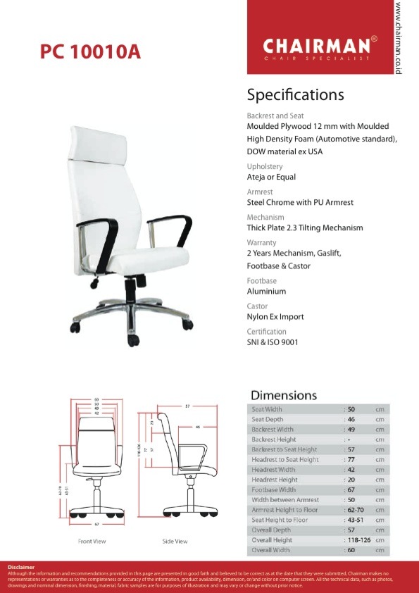 Kursi Kantor Chairman PC 10010 A Chairman - Premier Collection Series Kursi Kantor Direktur Ukuran : 50 x 47 x 122 - 128 cm Design : Hydrolic, Tilting Control, Alumunium Footbase Bahan : Oscar / Fabric