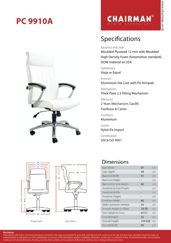 Kursi Kantor Chairman PC 9910 A Chairman - Premier Collection Series Kursi Kantor Direktur Ukuran : 50 x 47 x 116 - 123 cm Design : Hydrolic, Tilting Control, Alumunium Footbase Bahan : Oscar / Fabric